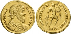 Julian II augustus, 360 – 363. Solidus, Antiochia 361-363, AV 4.41 g. FL CL IVLIA – NVS P F AVG Pearl-diademed, draped and cuirassed bust r., with lon...