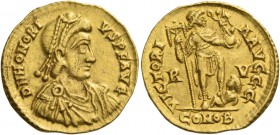 Honorius, 393 – 423. Solidus, Ravenna 402-403, 405-406, AV 4.44 g. D N HONORI – VS P F AVG Pearl-diademed, draped and cuirassed bust r. Rev. VICTORI –...