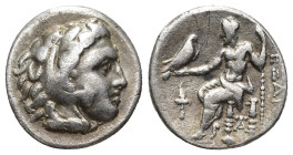 GRECIA ANTIGUA. MACEDONIA. ALEJANDRO III. Dracma. Sardes (323-319 a.C.). A/ Cabeza con leonté a der. R/ Zeus entronizado a izq., delante antorcha, deb...