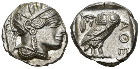 GRECIA ANTIGUA. ÁTICA. Atenas. Tetradracma (454-405 a.C.). A/ Cabeza de Atenea a der. R/ Lechuza a der. dentro de cuadrado incuso, detrás rama de oliv...