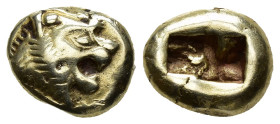 GRECIA ANTIGUA. LIDIA. 1/3 de estátera (s. VII a.C.). A/ Cabeza de león rugiendo a der. R/ Doble cuadrado incuso. EL 4,68 g. 12,8 mm. COP-449/451. SBG...