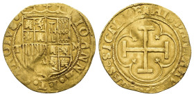 JUANA Y CARLOS. Escudo. S/F. Toledo. A/ CAROLVS, T-M a cada lado del escudo. AU 3,28 g. 23,5 mm. AC-202. Pequeño vano. Ligeramente alabeada. MBC. Ex H...