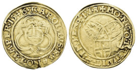 CARLOS V. Florín. 1546. Deventer, Kampen y Zwolle. AU 3,12 g. 24,7 m. DEL-G1074. Pequeña grieta. Leve doble acuñación en rev. MBC-. Rara.