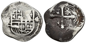 FELIPE III. 2 reales. México. 2 reales acuñados con cuño de 4 reales. S/F. AR 7,02 g. 27,3 mm. Valor 2 sobre 4. Inédita. MBC-.