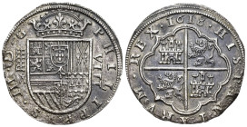 FELIPE III. 8 reales. 1618. Segovia. A superada de cruz. AR 24,14 g. 39,6 mm. AC-949. Oxidaciones marinas. MBC+.