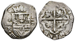 FELIPE IV. 2 reales. 1625. Segovia. R. Casa Vieja. Castillos y leones. Marca de ceca sobre R. AR 6,76 g. 25,4 mm. AC-952. MBC.