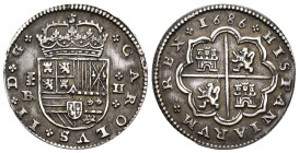 CARLOS II. 2 reales. 1686. Segovia. BR. AR,6,41 g. 27,3 mm. AC-448. MBC+. Muy escasa.