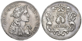 CARLOS II. Ducado. 100 grana. 1693. Nápoles. R/ AG/A. AR 21,56 g. 38,3 mm. MIR-294; DAV-4047. Rayitas en rev. MBC.