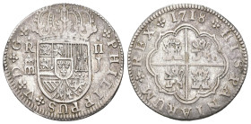 FELIPE V. 2 reales. 1718. Segovia. J. PHILIPPUS. AR 5,31 g. 26,6 mm. AC-948. MBC/MBC-. Muy escasa.