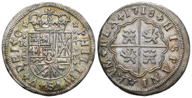 FELIPE V. 4 reales. 1718. Sevilla. M. Cuarteles cambiados. Borgoña y Austria. AR 11,69 g. 34,5 mm. VI-977. Muy escasa en esta conservación. EBC/EBC-....