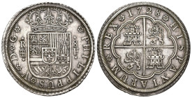 FELIPE V. 8 reales. 1728. Segovia. F. AR 26,8 g. 42,6 mm. VI-1245. MBC+/MBC. Escasa.