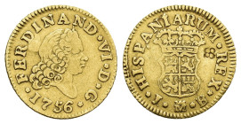 FERNANDO VI. 1/2 escudo. 1756. Madrid. JB. AU 1,72 g. 15,4 mm. VI-414. Resello 4 glóbulos en rev. MBC-/MBC.