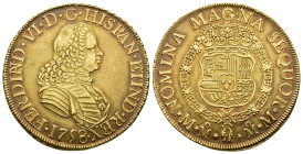 FERNANDO VI. 8 escudos. 1758. México. MM. AU 27,07 g. 36,5 mm. VI-608. Ligera pátina de monetario. MBC+/EBC-. Muy escasa.