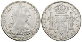 CARLOS III. 8 reales. 1774. México. FM. AR 26,97 g. 39,9 mm. VI-935. Acuñación floja en anv. MBC.