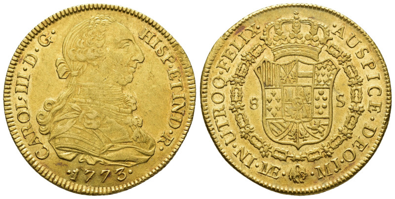 CARLOS III. 8 escudos. 1773. Lima. MJ. AU 26,99 g. 37,9 mm. VI-1599. Rayita de a...