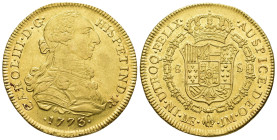 CARLOS III. 8 escudos. 1773. Lima. JM. AU 26,57 g. 38,5 mm. VI-1600. Pequeñas marcas. R.B.O. EBC-/EBC. Escasa.