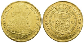 CARLOS III. 8 escudos. 1777. Lima. MJ. AU 27,04 g. 38,6 mm. VI-1604. Finas rayitas. R.B.O. MBC+/EBC-. Rara.