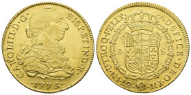 CARLOS III. 8 escudos. 1778. Lima. MJ. AU 26,95 g. 37,5 mm. VI-1605. Mínimas hojitas y rayitas. R.B.O. EBC-/EBC.