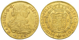 CARLOS III. 8 escudos. 1786. Lima. MI. AU 27,1 g. 37,9 mm. VI-1613. Ligeras trazas de limpieza. R.B.O. EBC-/EBC.