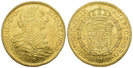 CARLOS III. 8 escudos. 1772. Madrid. PJ. AU,,27,05 g. 38,1 mm. VI-1619. Pequeñas marcas. B.O. EBC. Escasa.