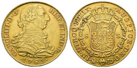 CARLOS III. 8 escudos. 1783. Madrid. JD. AU 26,99 g. 36,8 mm. VI-1627. Ligera pátina rojiza. R.B.O. EBC-. Escasa.