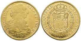 CARLOS III. 8 escudos. 1775. México. FM. AU 26,99 g. 37,5 mm. VI-1652. Acuñación floja en anv. R.B.O. MBC/EBC. Escasa.