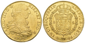 CARLOS III. 8 escudos. 1783. México. FF. AU 27,03 g. 37,1 mm. VI-1660. Ligeras trazas de limpiezas. R.B.O. EBC-/EBC.