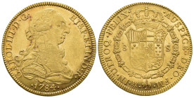 CARLOS III. 8 escudos. 1784. México. FM. AU 27,06 g. 37,5 mm. VI-1662. Acuñación floja con vano en anv. R.B.O. MBC/MBC+.