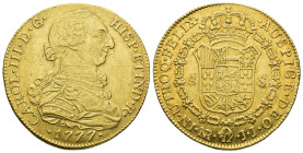 CARLOS III. 8 escudos. 1777. Nuevo Reino. JJ. AU 26,92 g. 36,6 mm. VI-1688. R.B.O. MBC+.