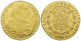 CARLOS III. 8 escudos. 1779. Nuevo Reino. JJ. AU 26,96 g. 36,7 mm. VI-1690. Pequeñas marcas. R.B.O. EBC-.