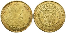 CARLOS III. 8 escudos. 1786. Nuevo Reino. JJ. AU 27,02 g. 37,9 mm. VI-1697. Acuñación floja en anv. R.B.O. Ligera pátina rojiza. MBC+.