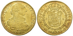 CARLOS III. 8 escudos. 1787. Nuevo Reino. JJ. AU 27,03 g. 38,2 mm. VI-1698. Golpecitos en anv. R.B.O. EBC.