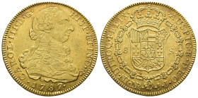 CARLOS III. 8 escudos. 1787. Nuevo Reino. JJ. AU 27 g. 37,2 mm. VI-1698. R.B.O. EBC-.