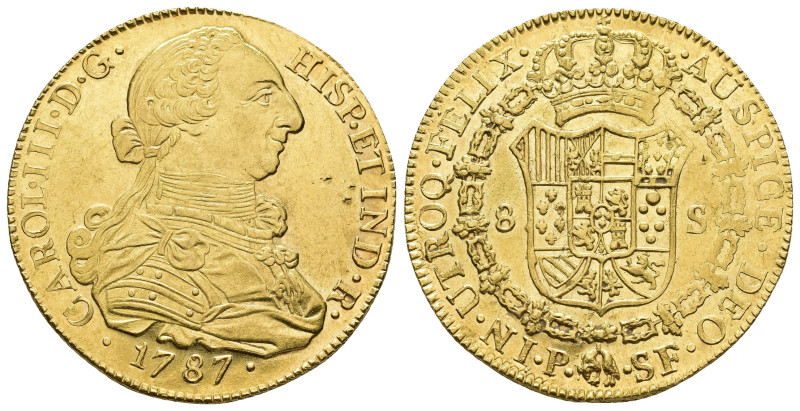 CARLOS III. 8 escudos. 1787. Popayán. SI. AU 27,1 g. 36,1 mm. VI-1726. Pequeños ...