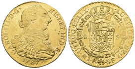 CARLOS III. 8 escudos. 1787. Popayán. SI. AU 27,1 g. 36,1 mm. VI-1726. Pequeños punzones en anv. y rev. pleno B.O. EBC+.