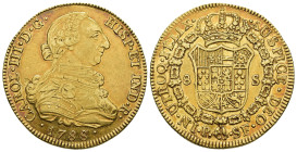 CARLOS III. 8 escudos. 1788/7. Popayán. SF. AU 27,05 g. 37,3 mm. VI-1727. Pátina de monetario. R.B.O. MBC+.