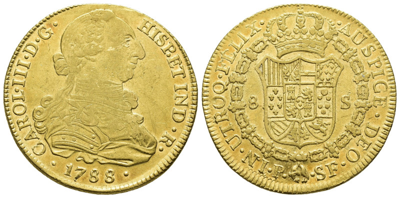 CARLOS III. 8 escudos. 1788. Popayán. SF. AU 26,45 g. 37,3 mm. VI-1727. Pequeñas...