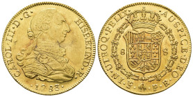 CARLOS III. 8 escudos. 1783. Potosí. PR. AU 27 g. 38,3 mm. VI-1734. Pequeñas marcas. R.B.O. EBC-/EBC.