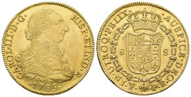 CARLOS III. 8 escudos. 1785. Potosí. PR. AU 27,04 g. 38,2 mm. VI-1736. Ligeras trazas de limpieza. R.B.O. EBC-/EBC.