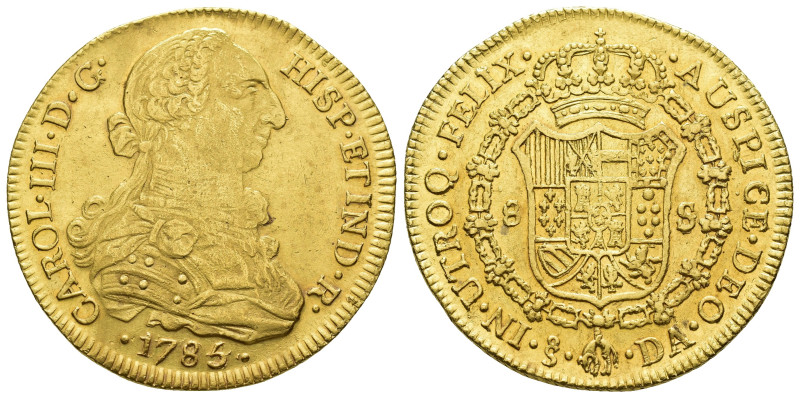 CARLOS III. 8 escudos. 1785/4. Santiago. DA. AU 26,99 g. 38,2 mm. VI-1768. Liger...