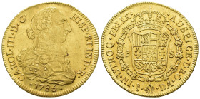 CARLOS III. 8 escudos. 1785/4. Santiago. DA. AU 26,99 g. 38,2 mm. VI-1768. Ligeras trazas de limpieza. R.B.O. MBC/EBC-. Escasa.