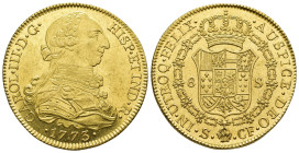 CARLOS III. 8 escudos. 1773. Sevilla. CF. AU 26,47 g. 37 mm. VI-1775. Pequeñas marcas en anv. B.O. EBC/EBC+. Muy escasa.