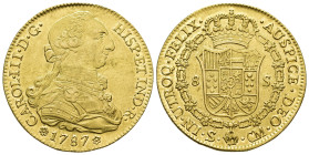 CARLOS III. 8 escudos. 1787. Sevilla. CM. AU 27,05 g. 37 mm. VI-1782. Pequeñas marcas. R.B.O. EBC-/EBC.