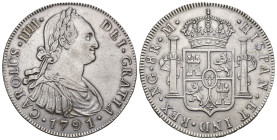 CARLOS IV. 8 reales. 1791. N. Guatemala. M. AR 26,96 g. 40,1 mm. VI-732. Limpiada. EBC-. Muy escasa.