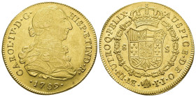 CARLOS IV. 8 escudos. 1789. Lima. IJ. AU 27,06 g. 38,4 mm. VI-1295. Mínima hojita en anv. R.B.O. EBC-/EBC.