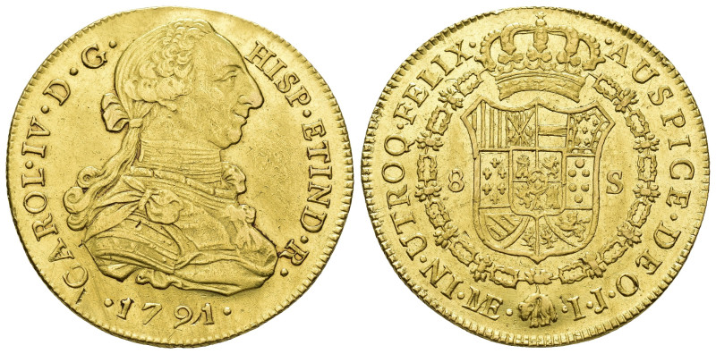 CARLOS IV. 8 escudos. 1791. Lima. IJ. AU 27,01 g. 37,8 mm. VI-1297. Pequeñas mar...