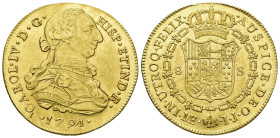 CARLOS IV. 8 escudos. 1791. Lima. IJ. AU 27,01 g. 37,8 mm. VI-1297. Pequeñas marcas y ligeras trazas de limpieza. R.B.O. MBC+/EBC-.