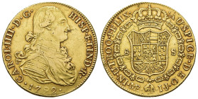 CARLOS IV. 8 escudos. 1792. Lima. IJ. AU 26,93 g. 35,8 mm. VI-1298. Hojitas en anv. y hojas en rev. MBC.