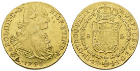 CARLOS IV. 8 escudos. 1795. Lima. IJ. AU 26,82 g. 36,2 mm. VI-1301. Hoja y hojitas. MBC+.