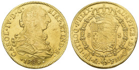 CARLOS IV. 8 escudos. 1789. México. FM. AU 27,07 g. 37,6 mm. VI-1324. Rayitas de ajuste en rev. Ligeras trazas de limpieza. R.B.O. EBC-.